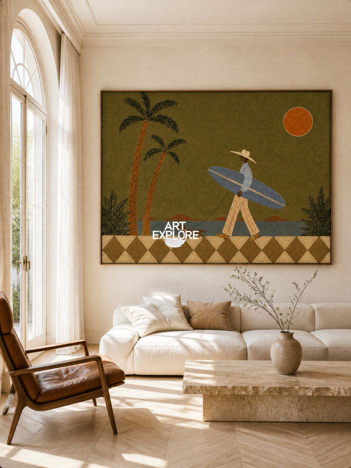 Surfer And Dog Folk Art Canvas Painting Green Coastal Wall Decor