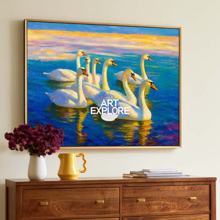 Original Oil Painting Of Swans On Blue Water With Gold Sunset Glow