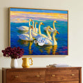 Original Oil Painting Of Swans On Blue Water With Gold Sunset Glow