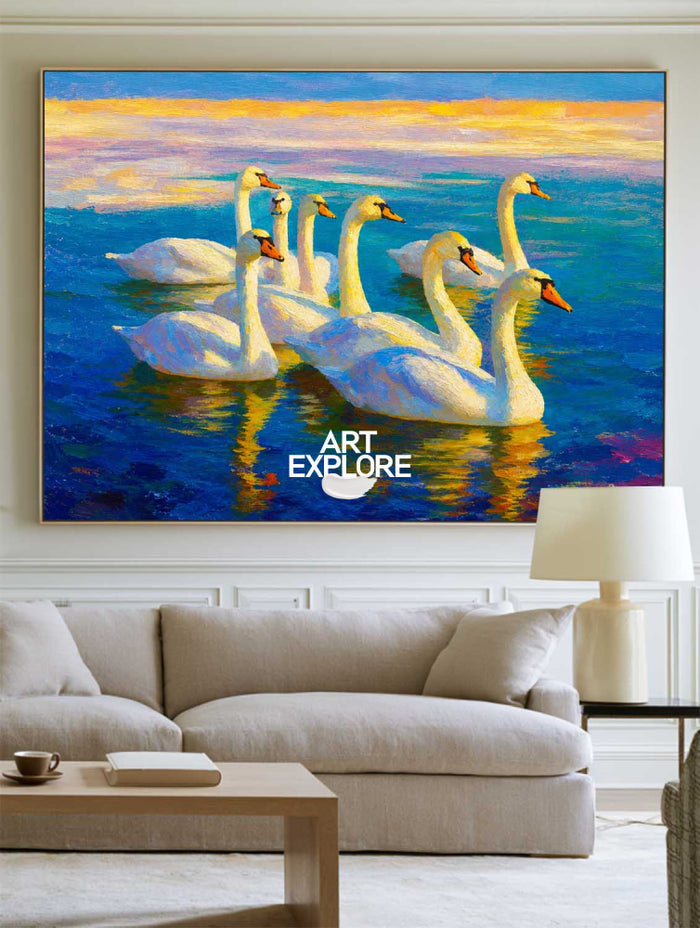 Original Oil Painting Of Swans On Blue Water With Gold Sunset Glow