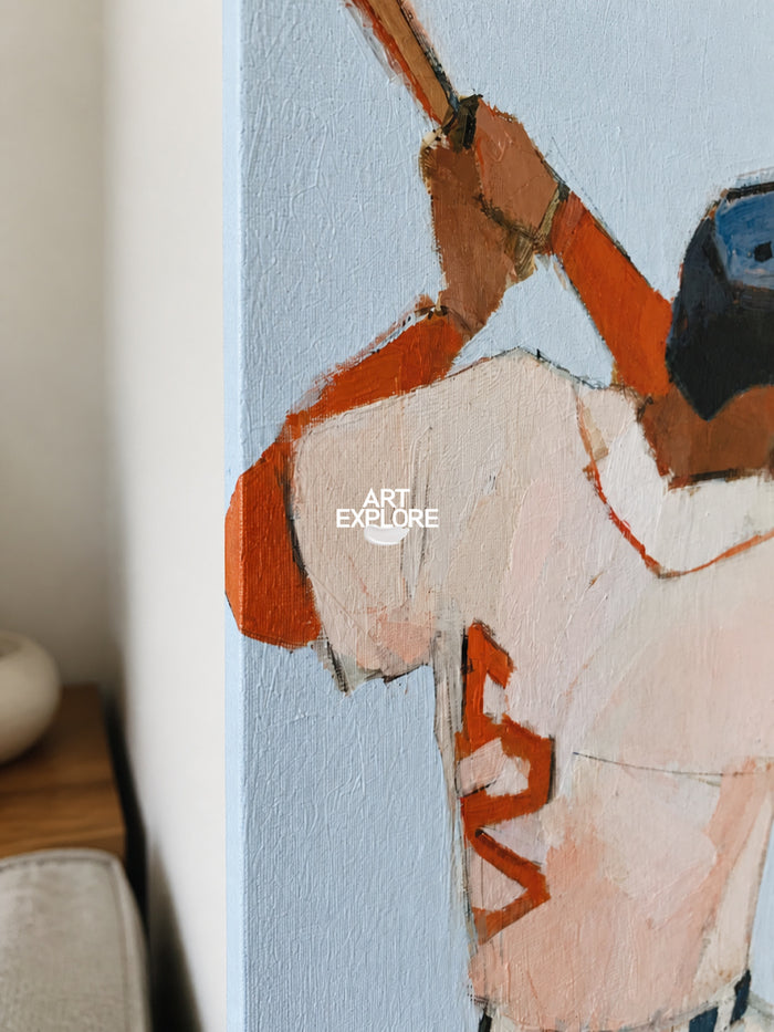 Abstract Baseball Player Painting Blue And White Original Oil Art For Game Room