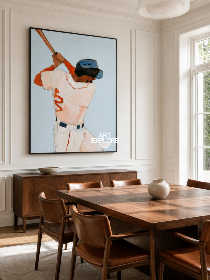Abstract Baseball Player Painting Blue And White Original Oil Art For Game Room