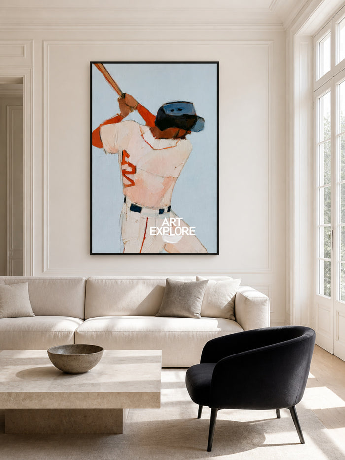 Abstract Baseball Player Painting Blue And White Original Oil Art For Game Room
