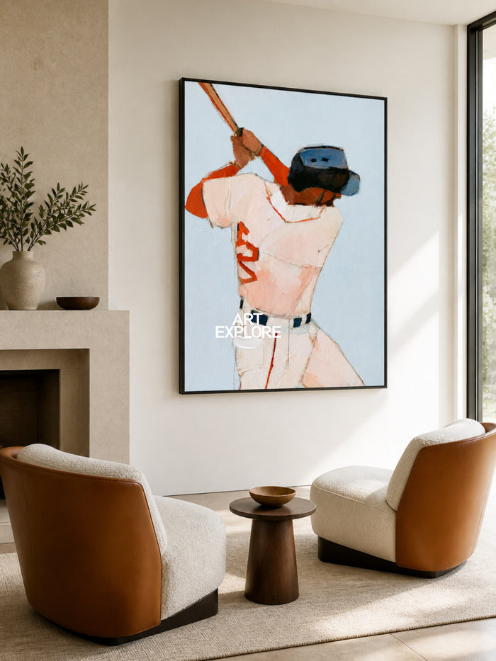 Abstract Baseball Player Painting Blue And White Original Oil Art For Game Room