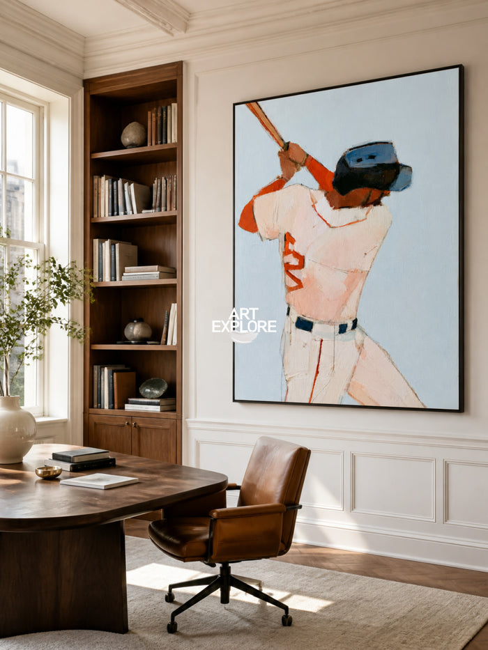 Abstract Baseball Player Painting Blue And White Original Oil Art For Game Room