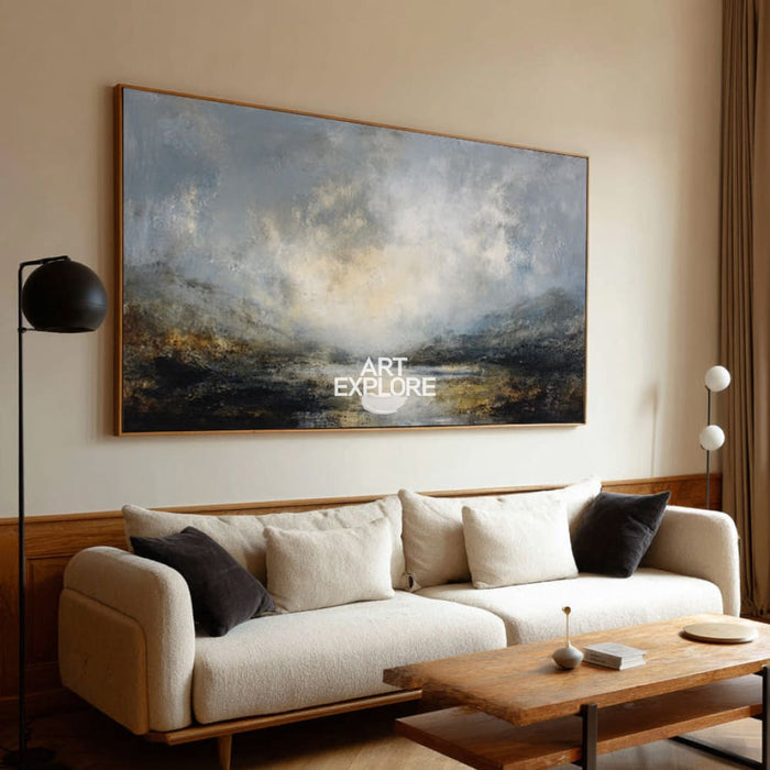Minimalist Dark Water Reflections Wall Art, Large Impasto Landscape ArtExplore