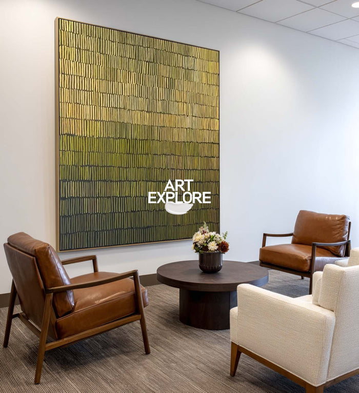 Modern Green And Gold Abstract Painting With Textured Lines For Living Room Decor