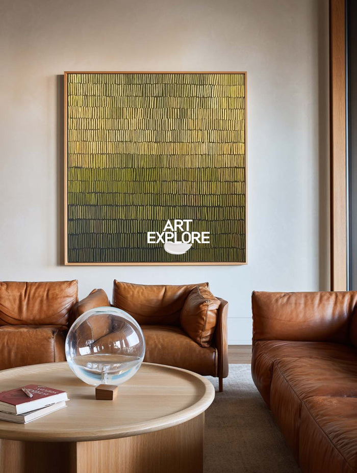 Modern Green And Gold Abstract Painting With Textured Lines For Living Room Decor