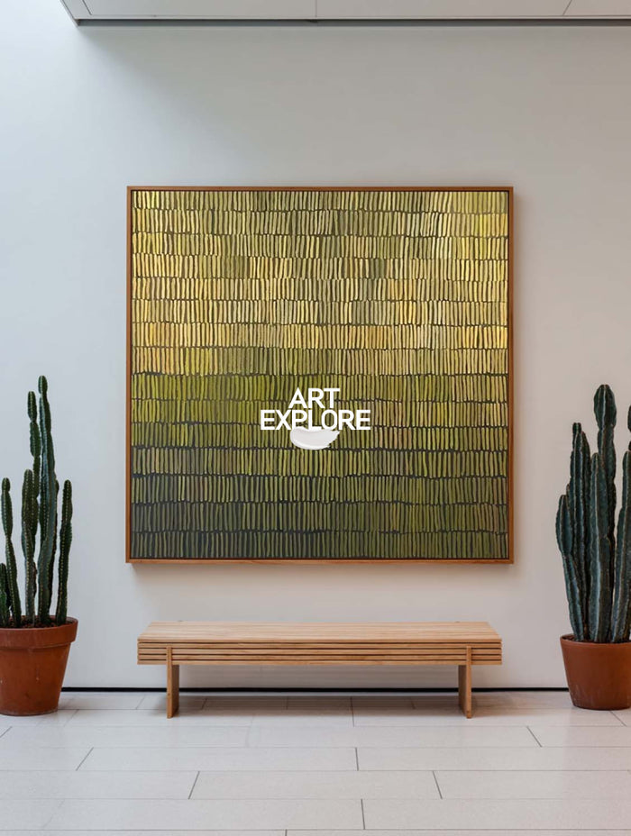 Modern Green And Gold Abstract Painting With Textured Lines For Living Room Decor