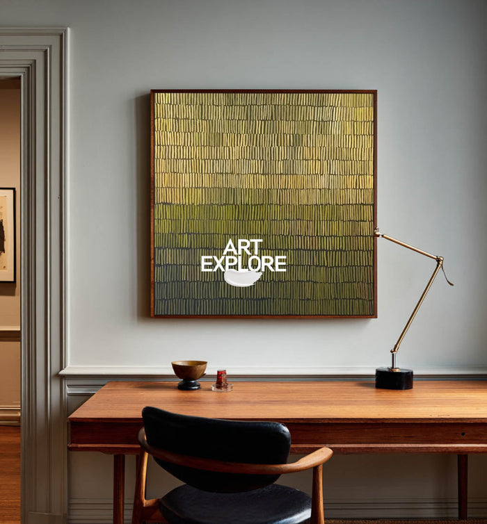 Modern Green And Gold Abstract Painting With Textured Lines For Living Room Decor