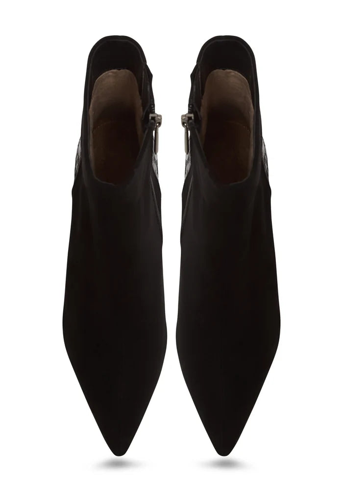 Textured Heel Pointed Ankle Boot - Black Croc