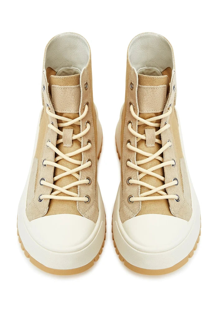 A pair of stylish lace-up high top sneakers with a textured design, perfect for a fashionable casual look.