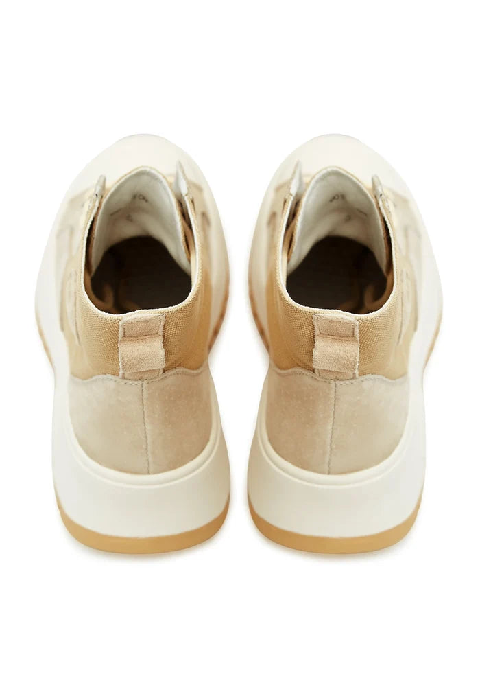 A stylish pair of lace-up high top sneakers with a textured design.