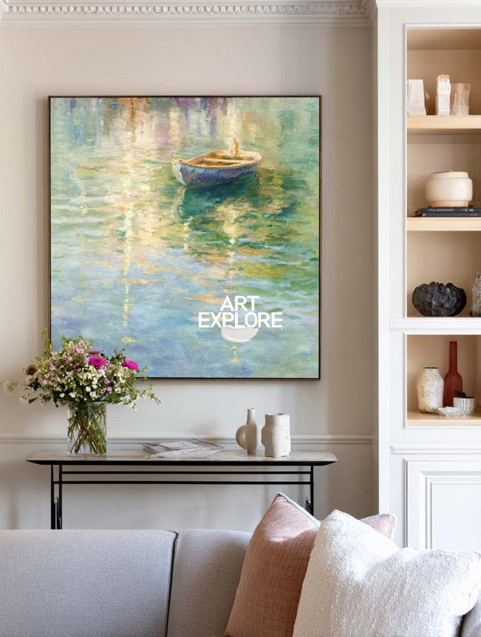 Original Impressionist Lakeside Painting With Rowboat For Elegant Living Room Wall Art