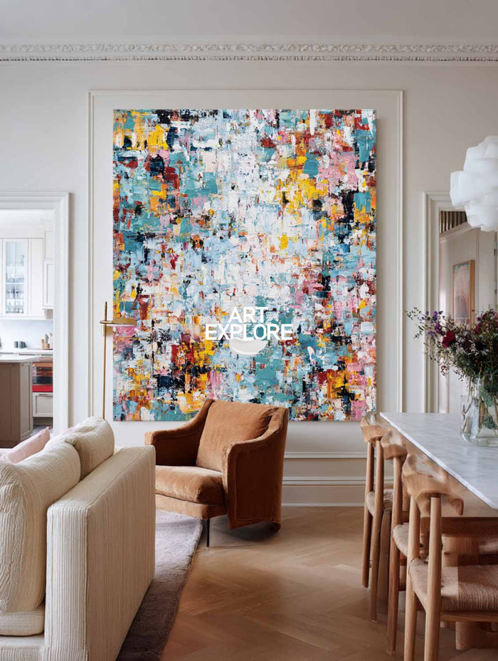 Hand Painted Textured Abstract Art With Blue And Gold For Modern Living Room Decor