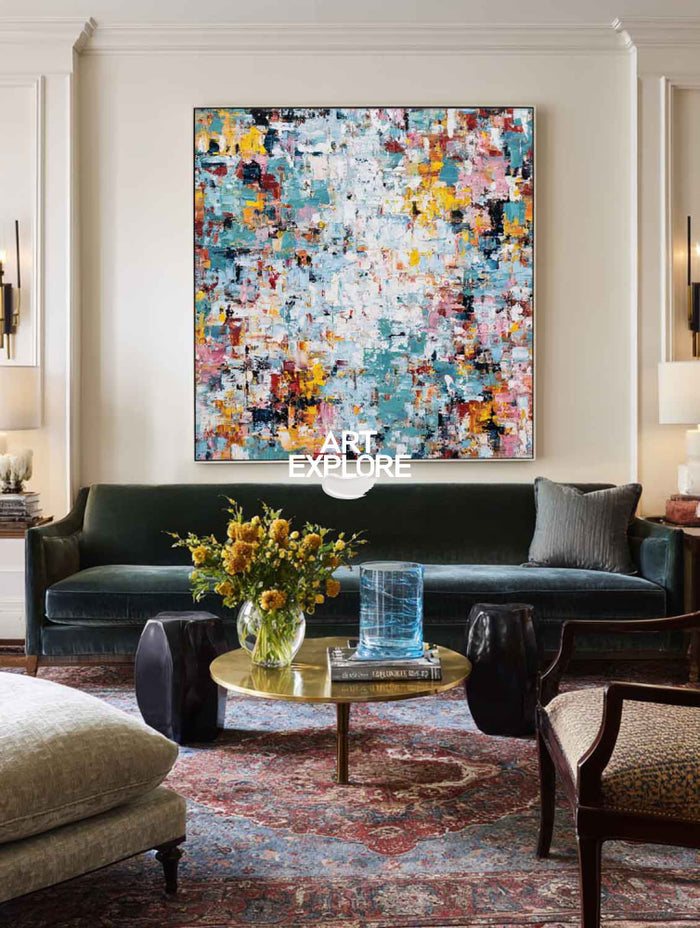 Hand Painted Textured Abstract Art With Blue And Gold For Modern Living Room Decor