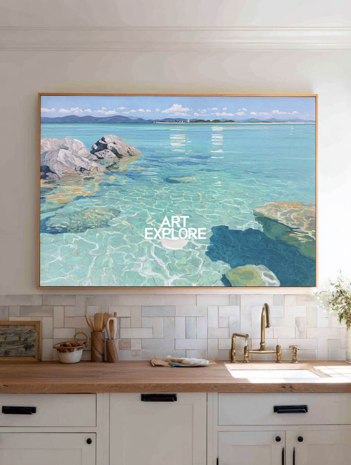 Vibrant Turquoise Lagoon Painting Large 3D Textured Coastline Art