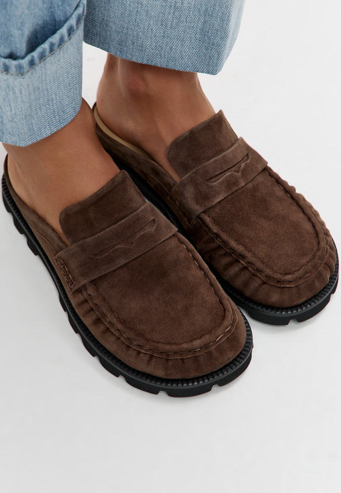 Trail Ease Suede Mules – Brown