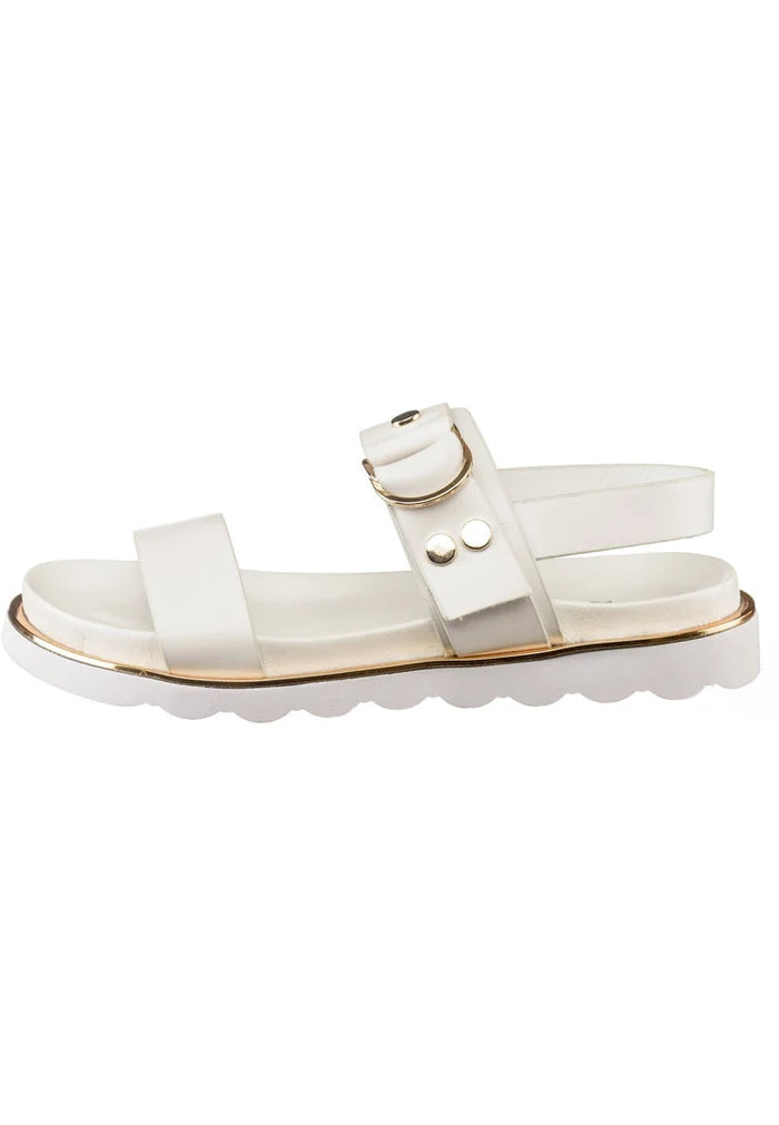 A trendy pair of white buckle sandals, perfect for the urban fashionista looking for a stylish and versatile summer footwear option.