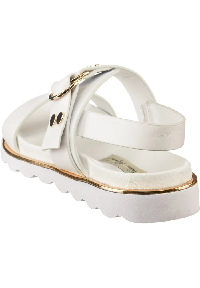A stylish pair of white buckle sandals, perfect for urban women looking for trendy summer footwear.