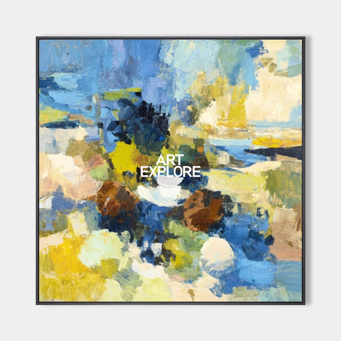 Vibrant Blue And Yellow Abstract Oil Painting On Linen Canvas For Modern Living Room Decor