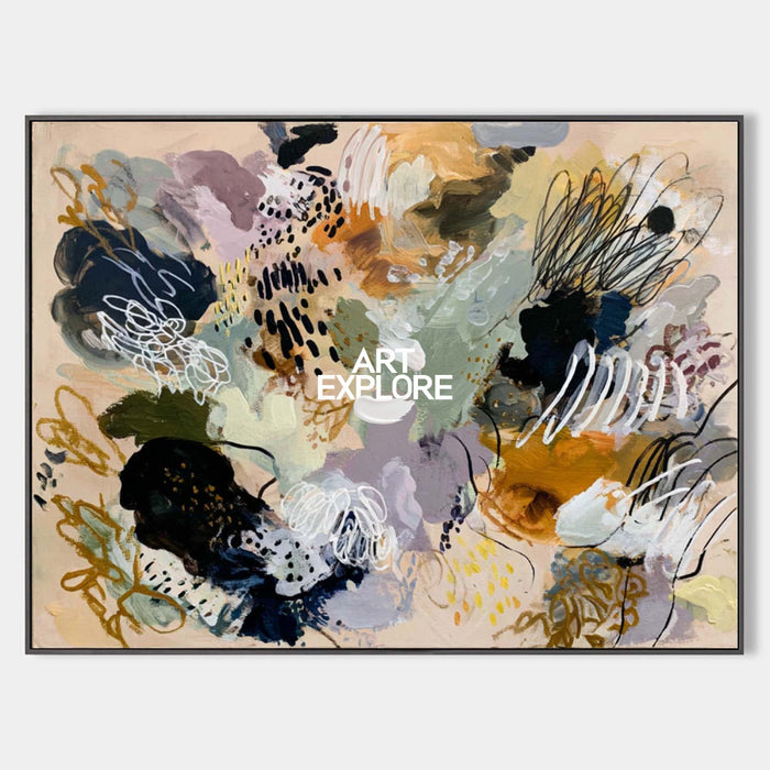 Large Multicolor Abstract Canvas Art With Neutral Beige Base For Living Room Wall
