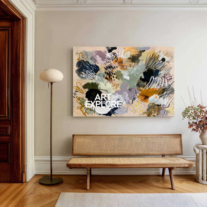 Large Multicolor Abstract Canvas Art With Neutral Beige Base For Living Room Wall