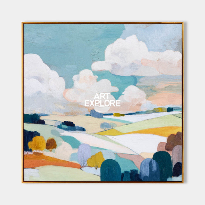 Textured Abstract Landscape Painting With Rolling Hills And Soft Colors For Modern Home Decor
