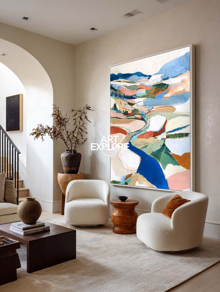 Handmade Textured Oil Painting Of Nature Scene In Beige And Terracotta Tones