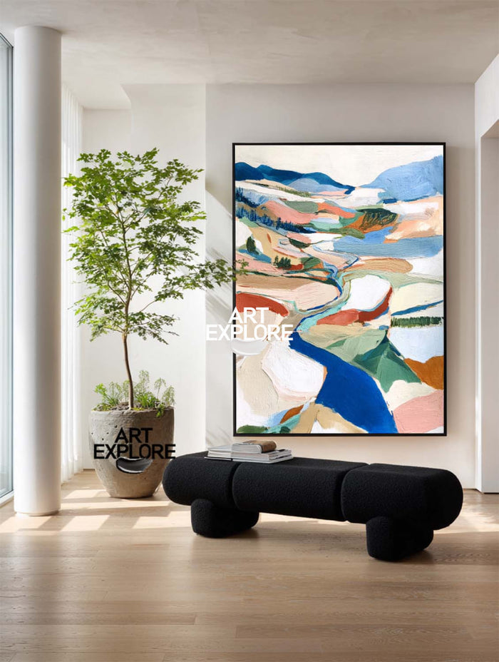 Handmade Textured Oil Painting Of Nature Scene In Beige And Terracotta Tones