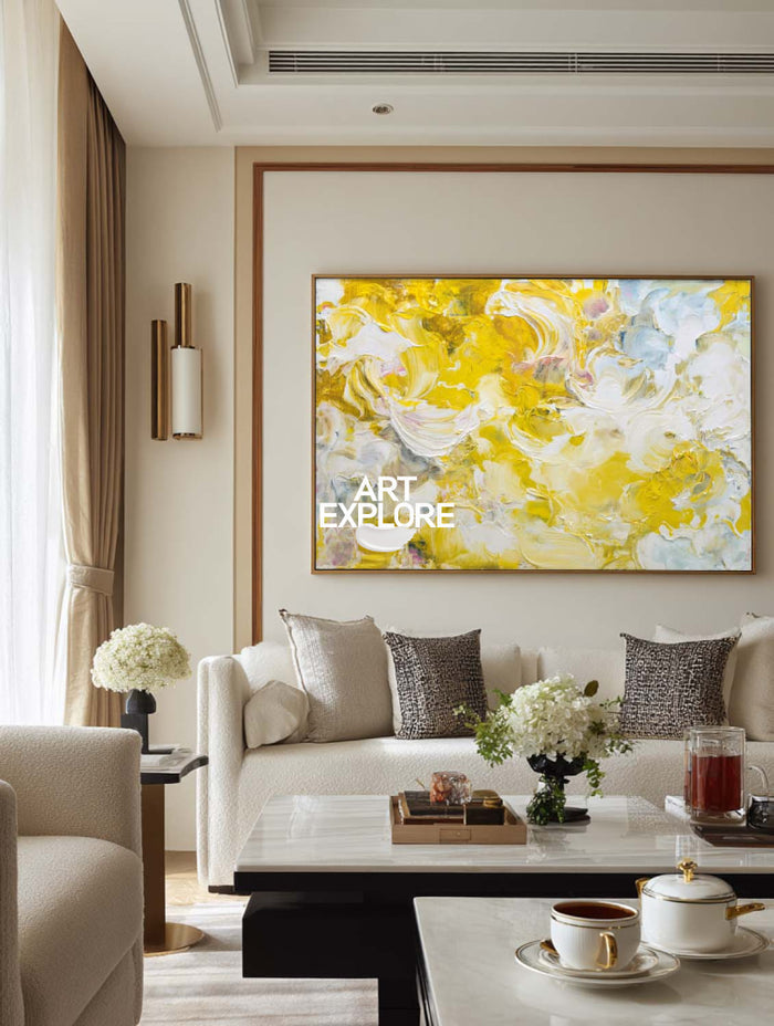 Large Horizontal Canvas Art In Yellow And White For Office And Bedroom Walls