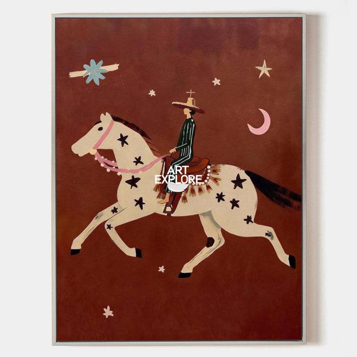 Whimsical Horse And Rider Painting With Stars Moon For Nursery Kids Room Decor