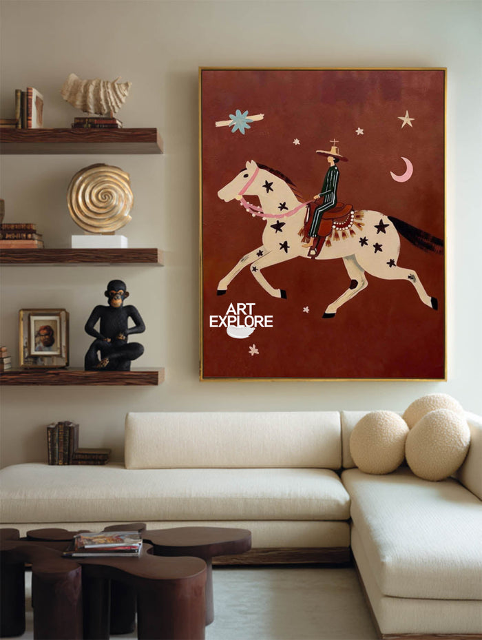 Whimsical Horse And Rider Painting With Stars Moon For Nursery Kids Room Decor