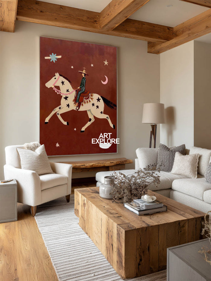 Whimsical Horse And Rider Painting With Stars Moon For Nursery Kids Room Decor