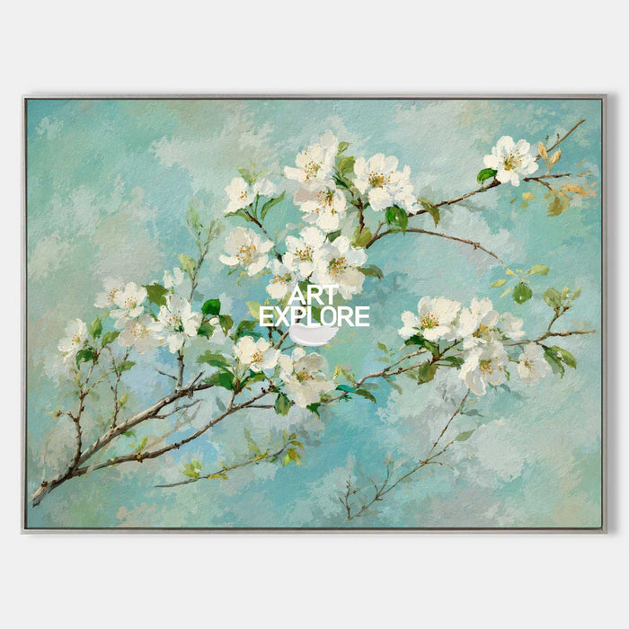 Abstract Impressionist Oil Painting Of Spring Flowers In Green And Blue Tones For Bedroom Wall Art