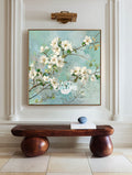 Modern White Blossom Art With Textured Green Leaves For Living Room