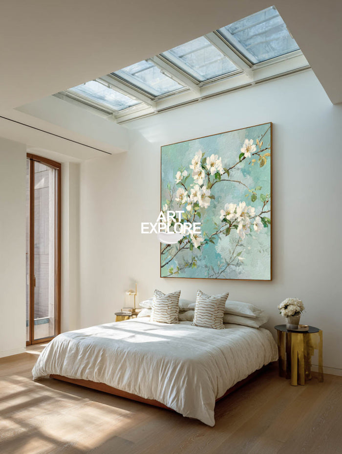 Modern White Blossom Art With Textured Green Leaves For Living Room