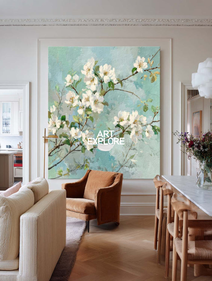 Modern White Blossom Art With Textured Green Leaves For Living Room
