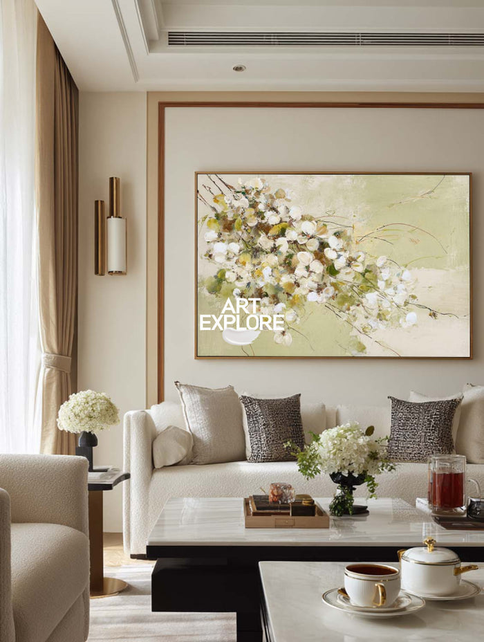 Modern Floral Oil Painting With Textured Green And White Blossoms For Living Room Decor