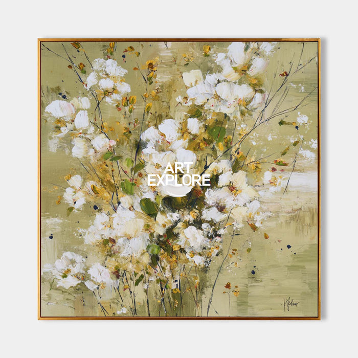 Modern Abstract Floral Painting With Gold Accents For Living Room Decor