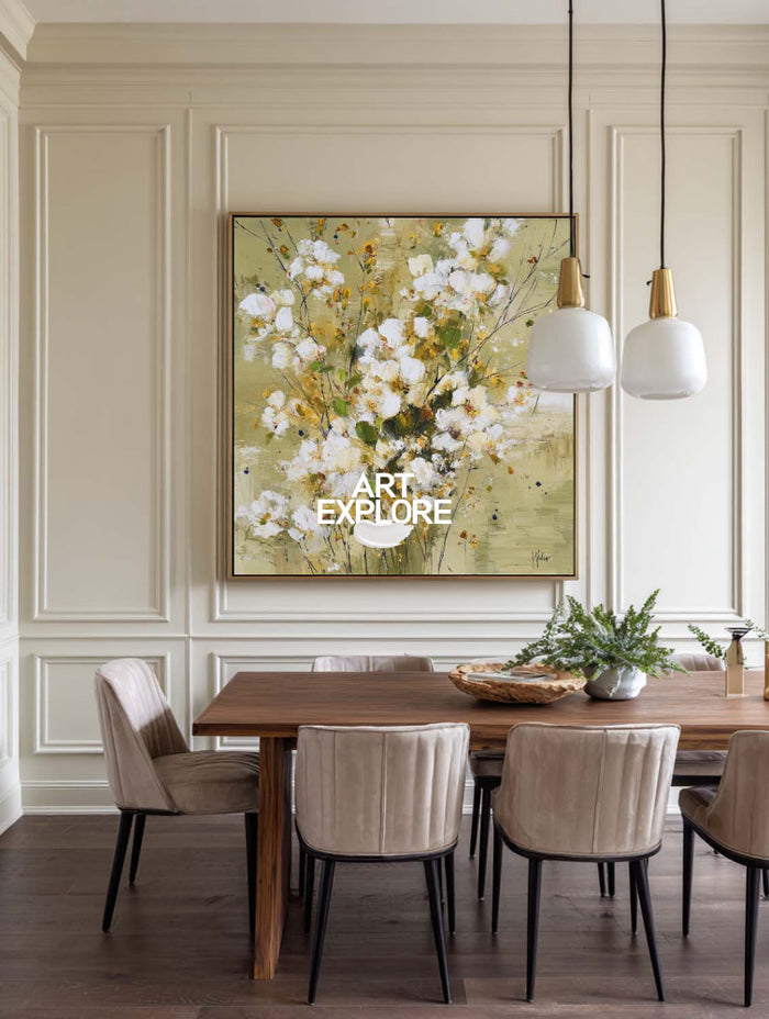Modern Abstract Floral Painting With Gold Accents For Living Room Decor