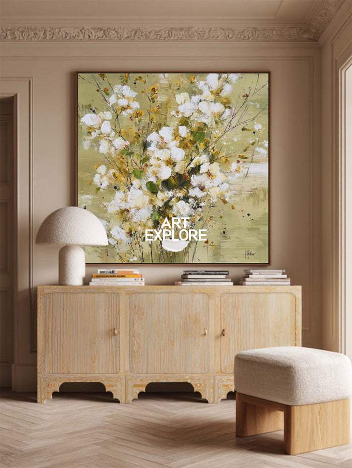 Modern Abstract Floral Painting With Gold Accents For Living Room Decor