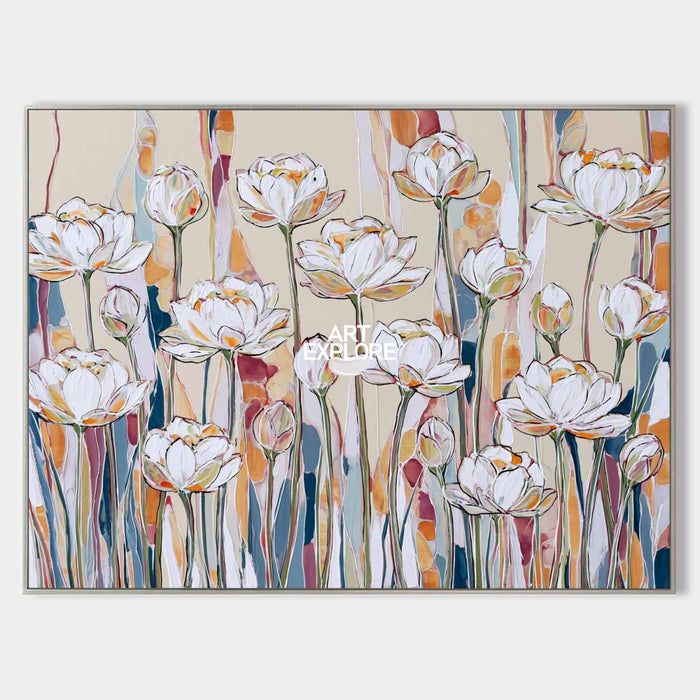 Large Horizontal Floral Wall Art For Living Room In Warm Neutral Colors