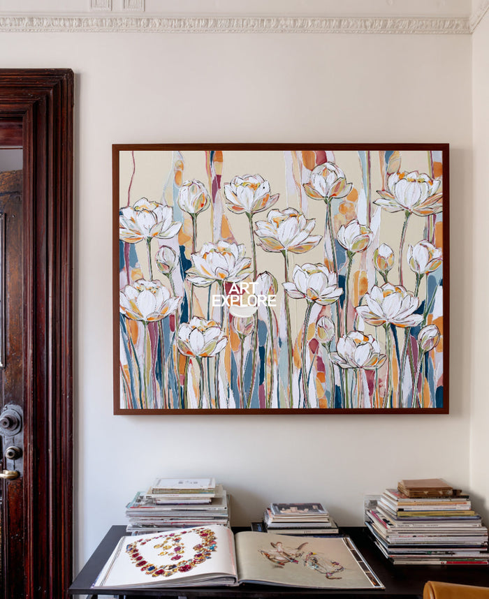 Large Horizontal Floral Wall Art For Living Room In Warm Neutral Colors