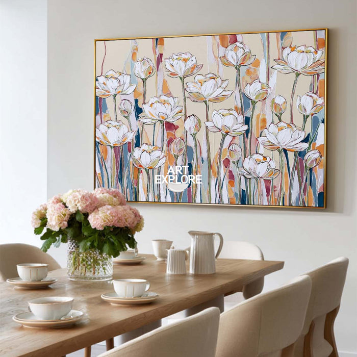 Large Horizontal Floral Wall Art For Living Room In Warm Neutral Colors