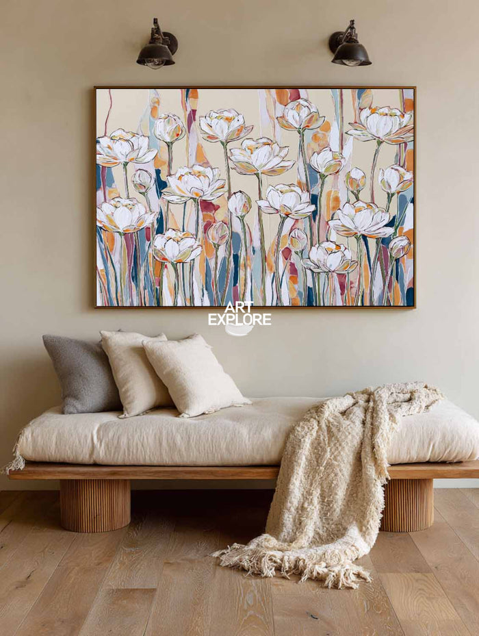 Large Horizontal Floral Wall Art For Living Room In Warm Neutral Colors