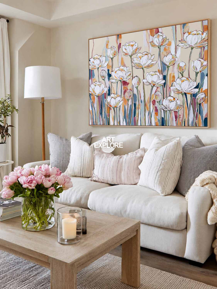 Large Horizontal Floral Wall Art For Living Room In Warm Neutral Colors