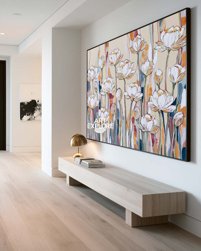 Large Horizontal Floral Wall Art For Living Room In Warm Neutral Colors