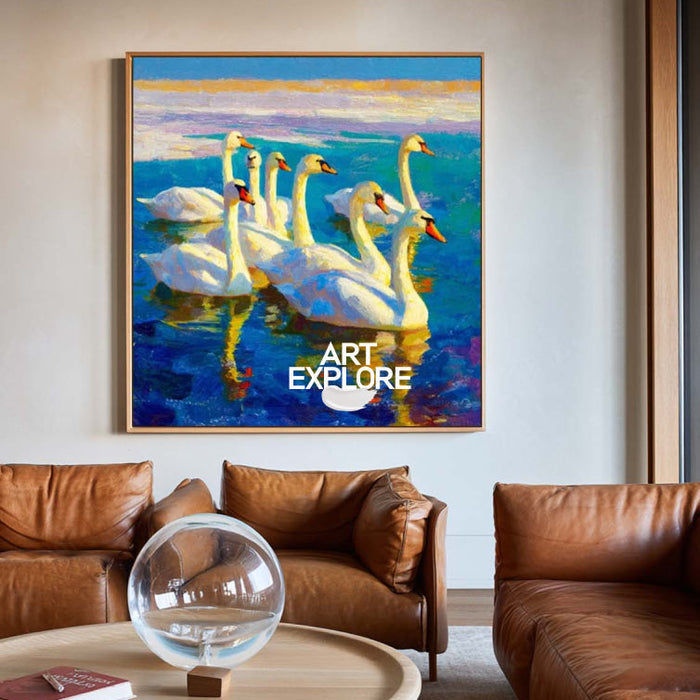 Original Textured Oil Painting Of Swans On Blue Water For Living Room Decor