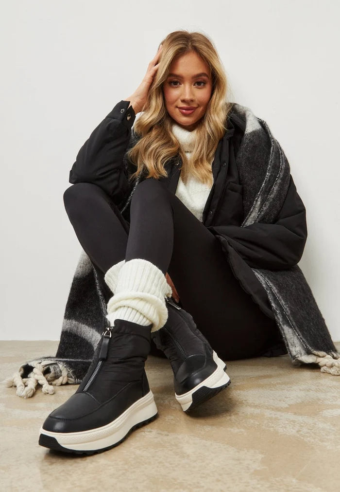 A pair of stylish black platform winter boots for ultimate warmth and fashion-forward style.